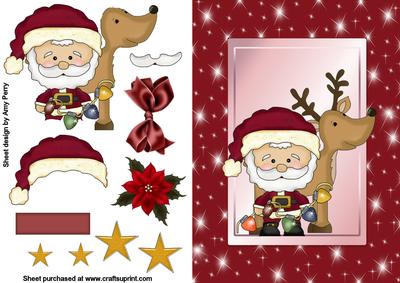Cute Santa & Reindeer in Red Twinkle Frame