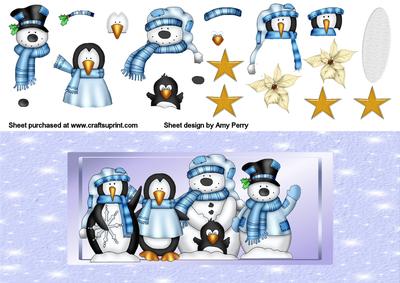 Long Blue Card with 2 Penguins and 2 Snowmen