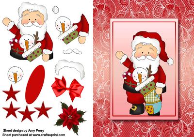 Santa with a Stocking in a Red Lace Frame