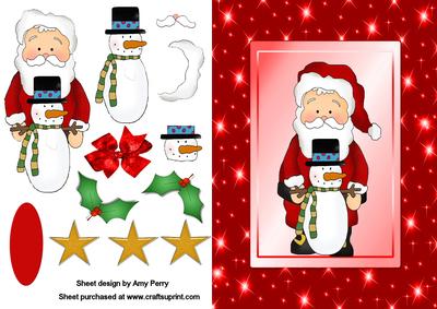 Santa & a Small Snowman in a Red Twinkle Frame