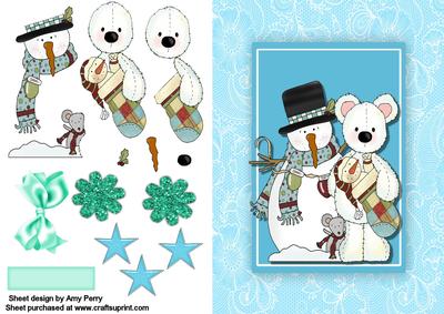 Cute Teddy Bear, Snowman & Mouse in Blue Lace Frame