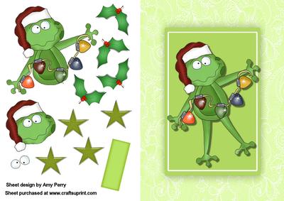 Christmas Frog with Lights in Lace Green Frame