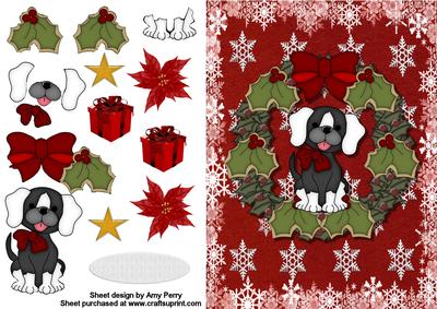 Cute Little Dog in Holly Wreath with Red Bow