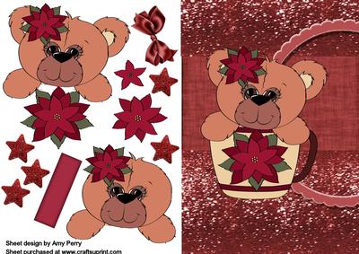 Cute Cuddly Bear in a Tea Cup with a Red Flower