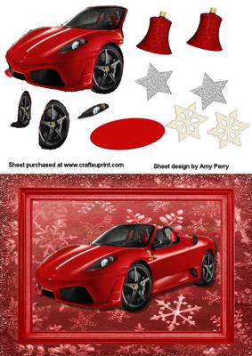 Lovely Red Shiny Car on Snowflake Backing Paper
