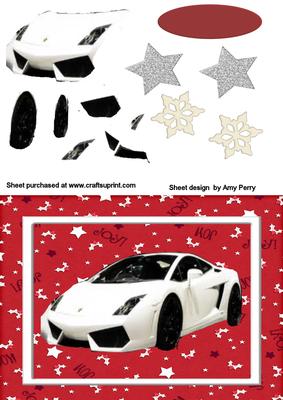Lovely White Car on Red Christmas Paper