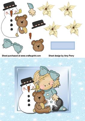 Little Girl, Snowman & Teddy Bear in Blue Frame