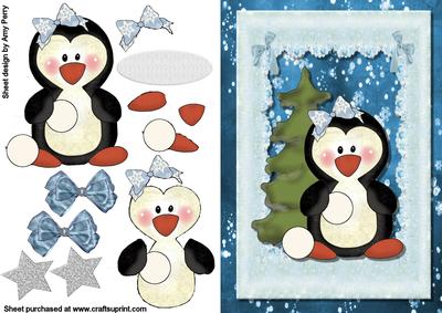 Cute Penguin with Christmas Tree in Light Blue Frame
