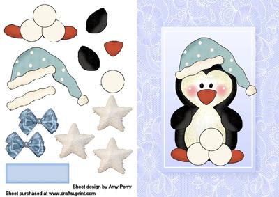 Cute Penguin with Blue Hat in Blue Lace Frame
