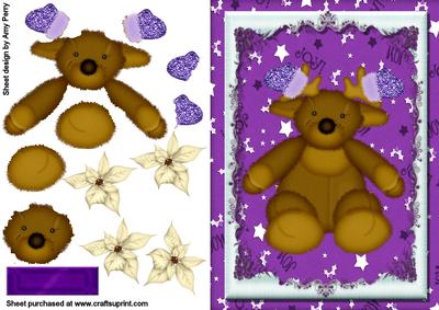 Cute Fuzzy Christmas Moose on Purple Backing Paper