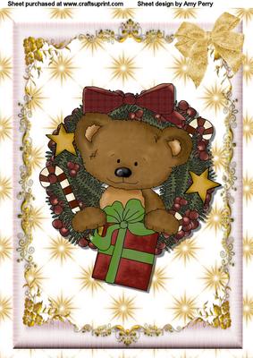 Cute Teddy with a Wreath in Cream & Gold Frame