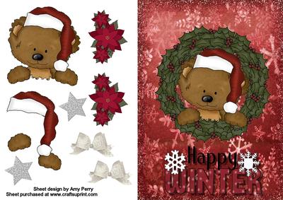 Cute Bear in Holly Wreath on Snowflake Paper