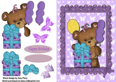 Cute Little Bear with Lilac Present in Matching Frame