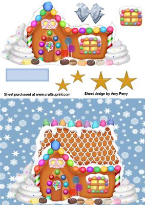 Lovely Little Gingerbread House on Blue Snowflake Background