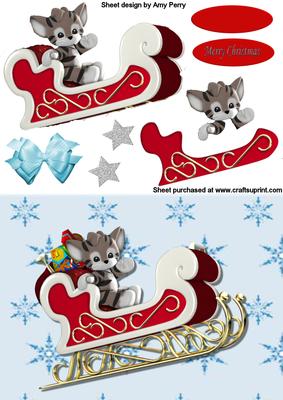 Cute Grey Cat Riding Santas Sleigh