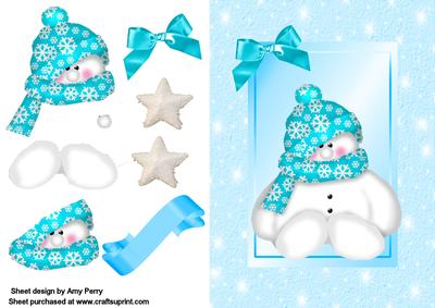 Fuzzy Christmas Snowman with Aqua Hat & Scarf