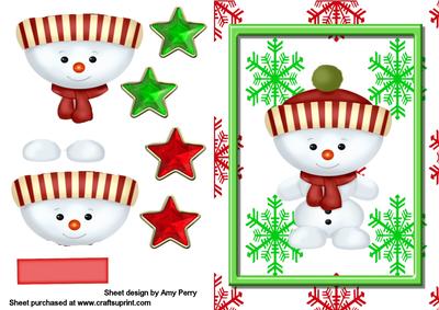 Cute Little Snowman with Red Hat in Green Frame