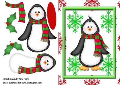 Cute Christmas Penguin with Holly Corners