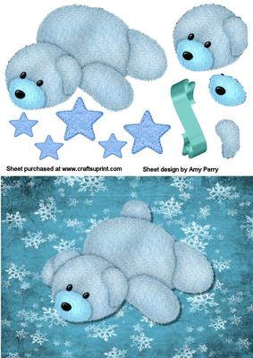 Fuzzy Blue Bear on Blue Snowflake Backing Paper