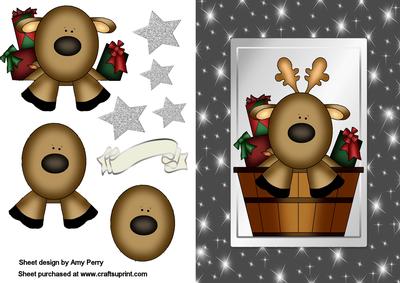 Cute Reindeer in a Barrel in Grey Starry Frame
