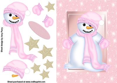 Cute Fuzzy Snowman in Pink Starry Frame