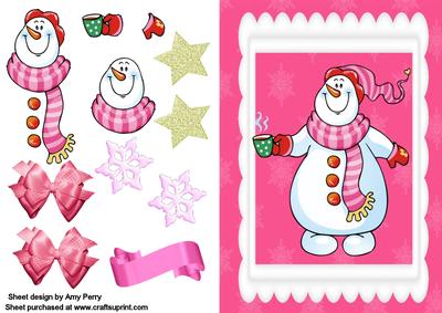 Snowman with Pink Hat in White Wave Frame