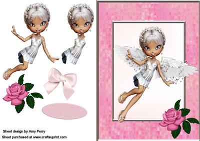 Little White Fairy in Pretty Pink Frame with Rose