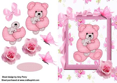 Cute Fuzzy Mummy & Baby Bear in Pretty Bow Frame