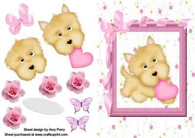 Fluffy Brown Dog in Pink Bow Frame