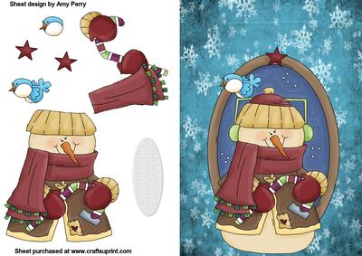 Snowman in Dark Red Coat with Bird