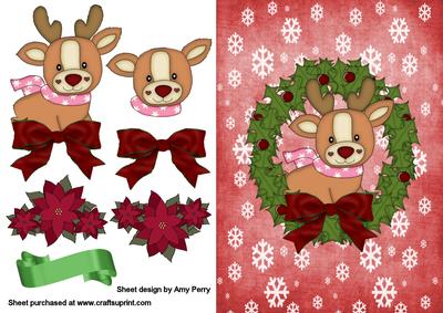 Reindeer in Wreath on Red Snowflake Backing Paper