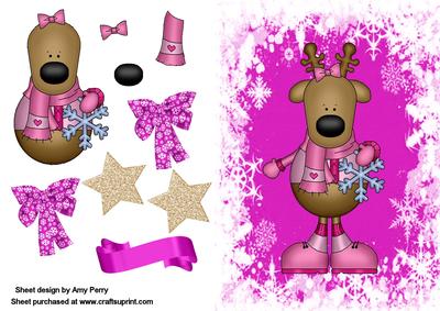 Cute Pink Reindeer on Pink Snowflake Backing Paper