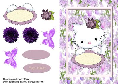Cute White Cat on Purple Floral Backing Paper