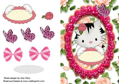 Cute Grey & Black Cat in Dark Pink Frame