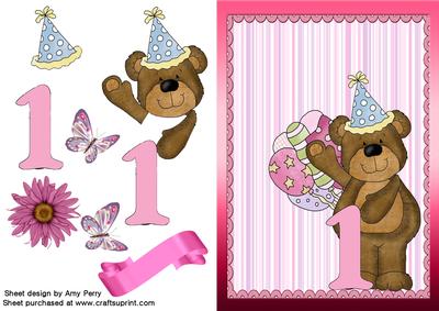 Cute 1st Birthday Bear with Pink Balloons