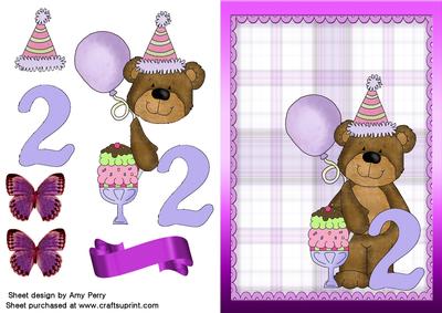 Cute 2nd Birthday Bear with Lilac Balloon