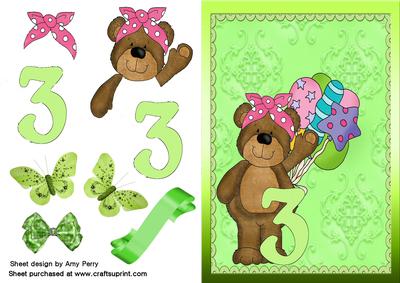Cute 3rd Birthday Bear with Green Butterflies