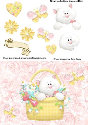 Cute Fluffy White Cat in Basket