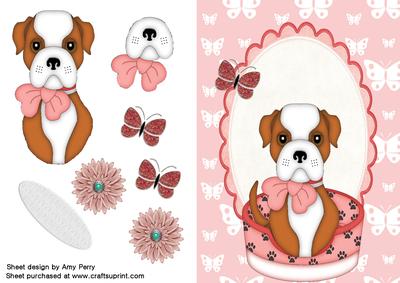 Cute Brown Boxer Dog in Pink Basket