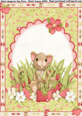 A4 Mouse with Strawberrys and Flowers in Grass