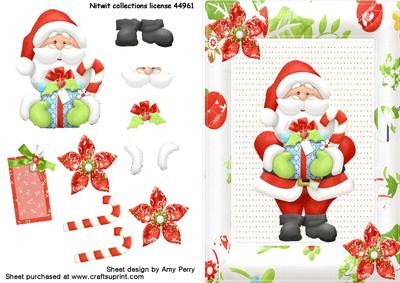 Festive Santa in Pretty White Frame with Red Flowers