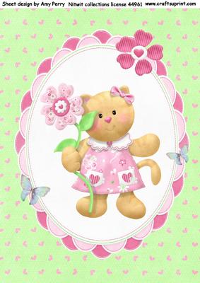 Cute Bear Holding a Flower on Pretty Green Backing Paper