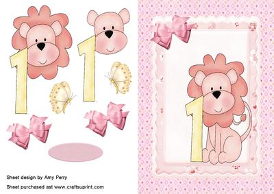 Cute Pink Lion with Big Number 1