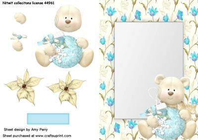Cute Teddy Bear with Blue Bauble in Flower Frame
