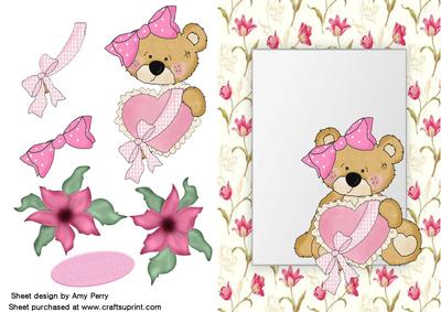 Cute Valentines Bear with Lace Heart in Flower Frame