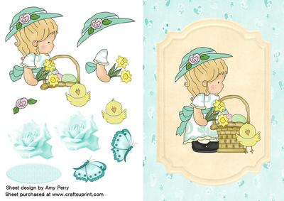 Cute Little Girl in Aqua Hat with Daffodils