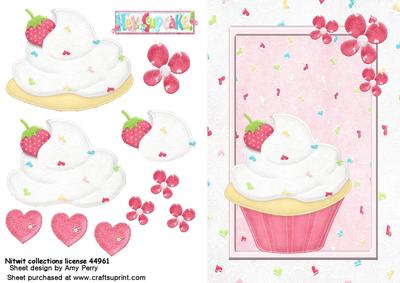 Scrummy Cup Cake on Pink Love Heart Backing Paper