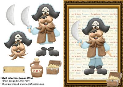 Funny Pirate in Wooden Frame with Treasure Chest
