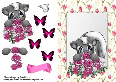Cute Skunk with Pretty Pink Flowers
