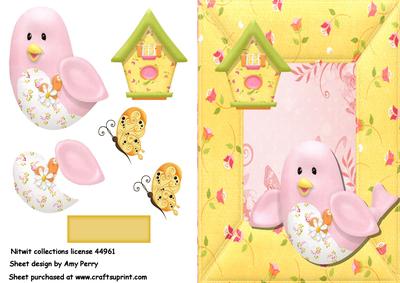 Pretty Pink Bird with Yellow Bird House